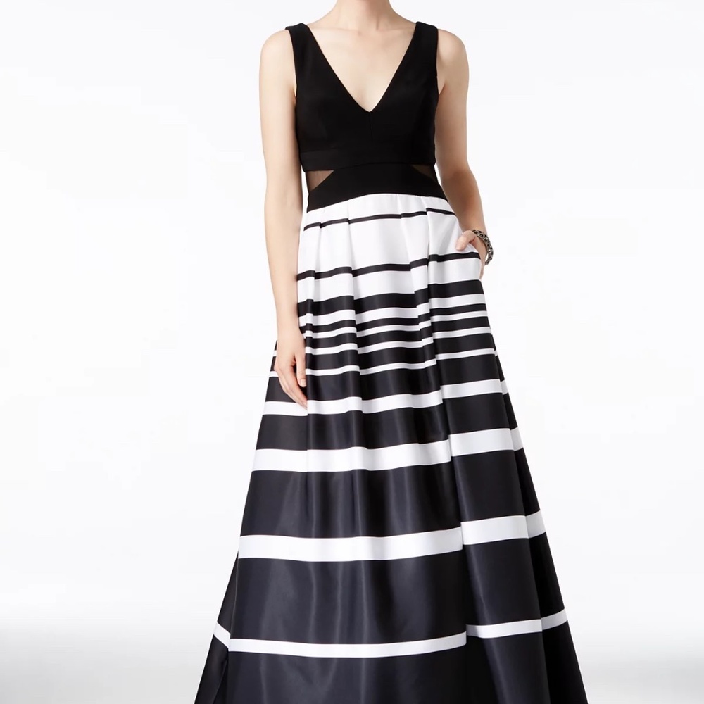 NEW Xscape Women's Illusion-Inset Striped Ball Formal Gown WITH POCKETS 10